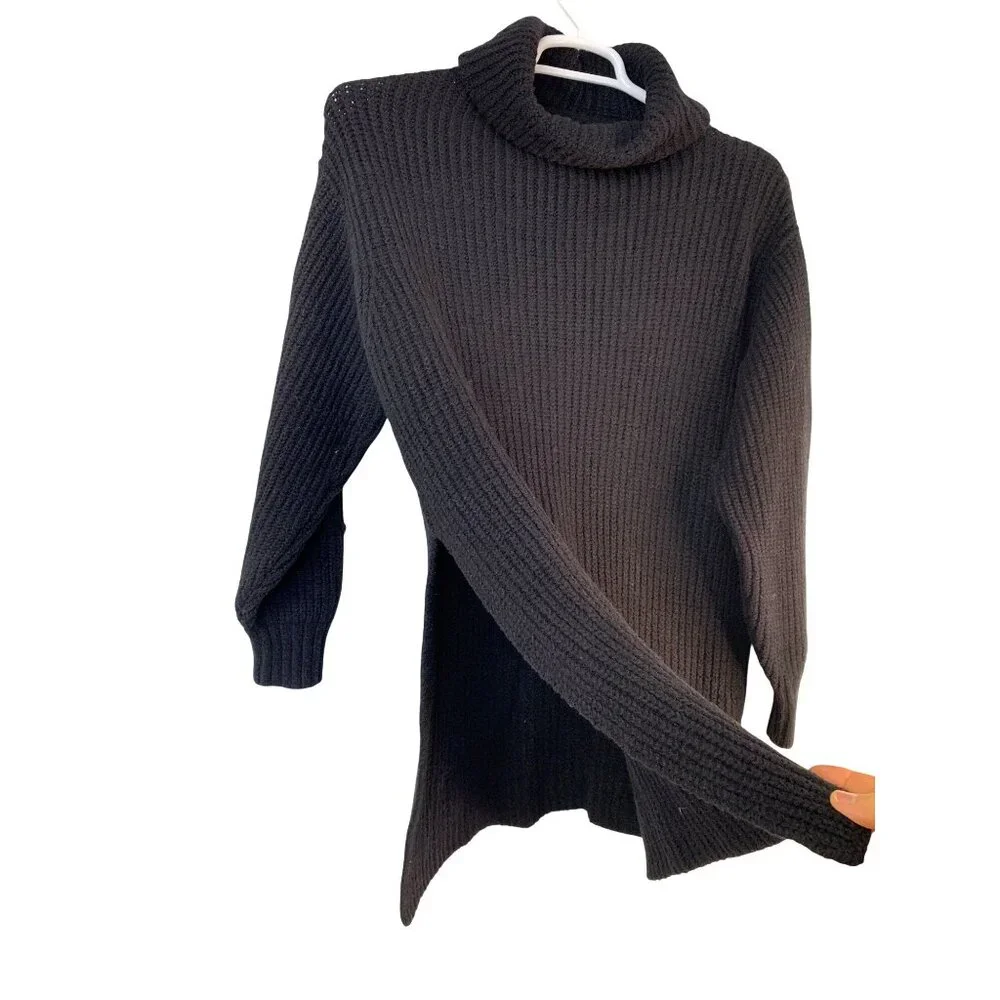 Free People Slouchy Black Rib Mock Neck Sweater Tunic Side Slit Bulky - Picture 2 of 7